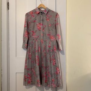 Grey and Pink Collared Dress with Pleated Skirt